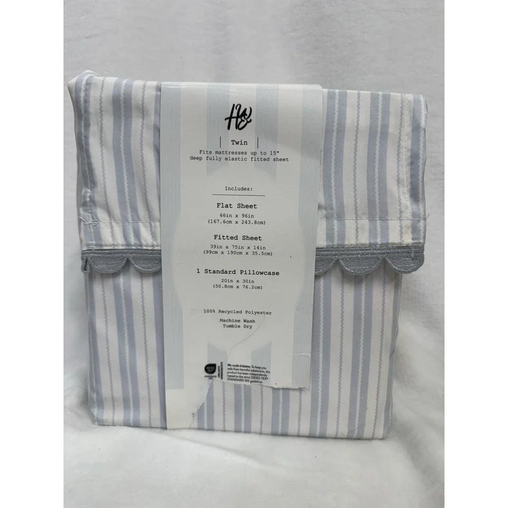 Harlow & Wren 3 Piece Sheet Set Blue White Stripes Resists Wrinkles Fits 15
